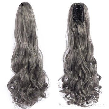 Wholesale Grey Curl Natural Wave Claw-Clip Drawstring Ponytail Extension Hairpiece Synthetic Hair Ponytails For Women Girl